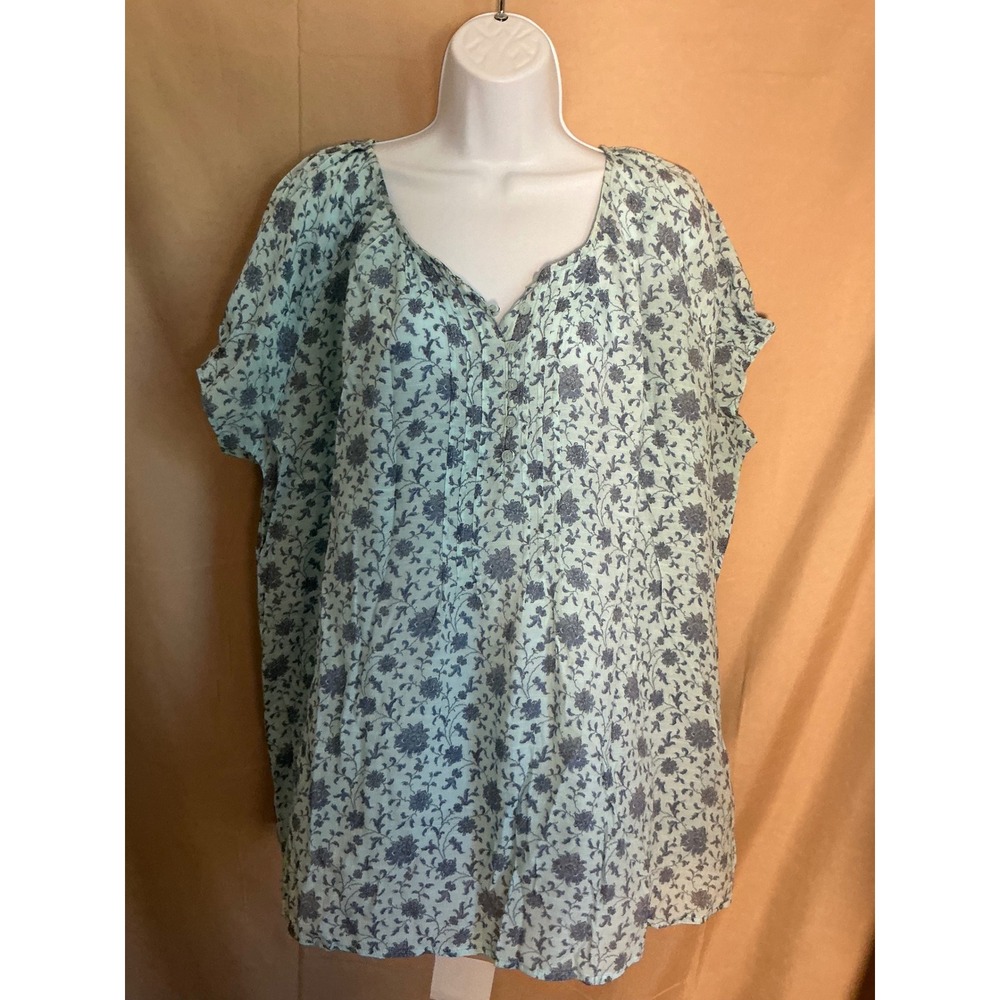 Blue Mountain Floral Blouse Women 2X Blue Excellent Henley Short Sleeve Pleated